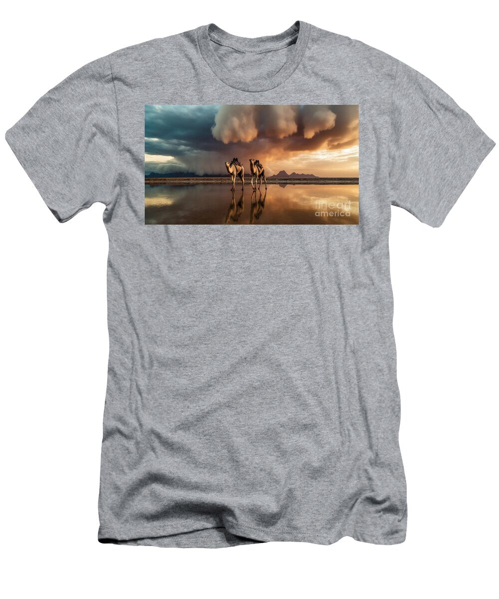 8 Camel in Desert Dramatic Sunset Approaching By Asar Studios Celestial Images T-Shirt