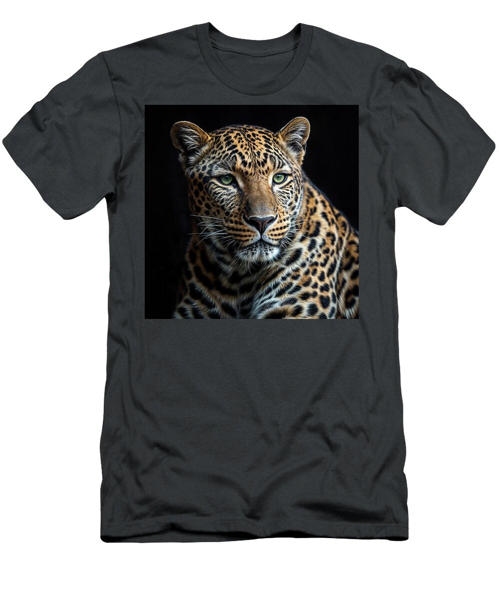 A Leopard with Striking Green Eyes Gazes Intently Mango Art T-Shirt